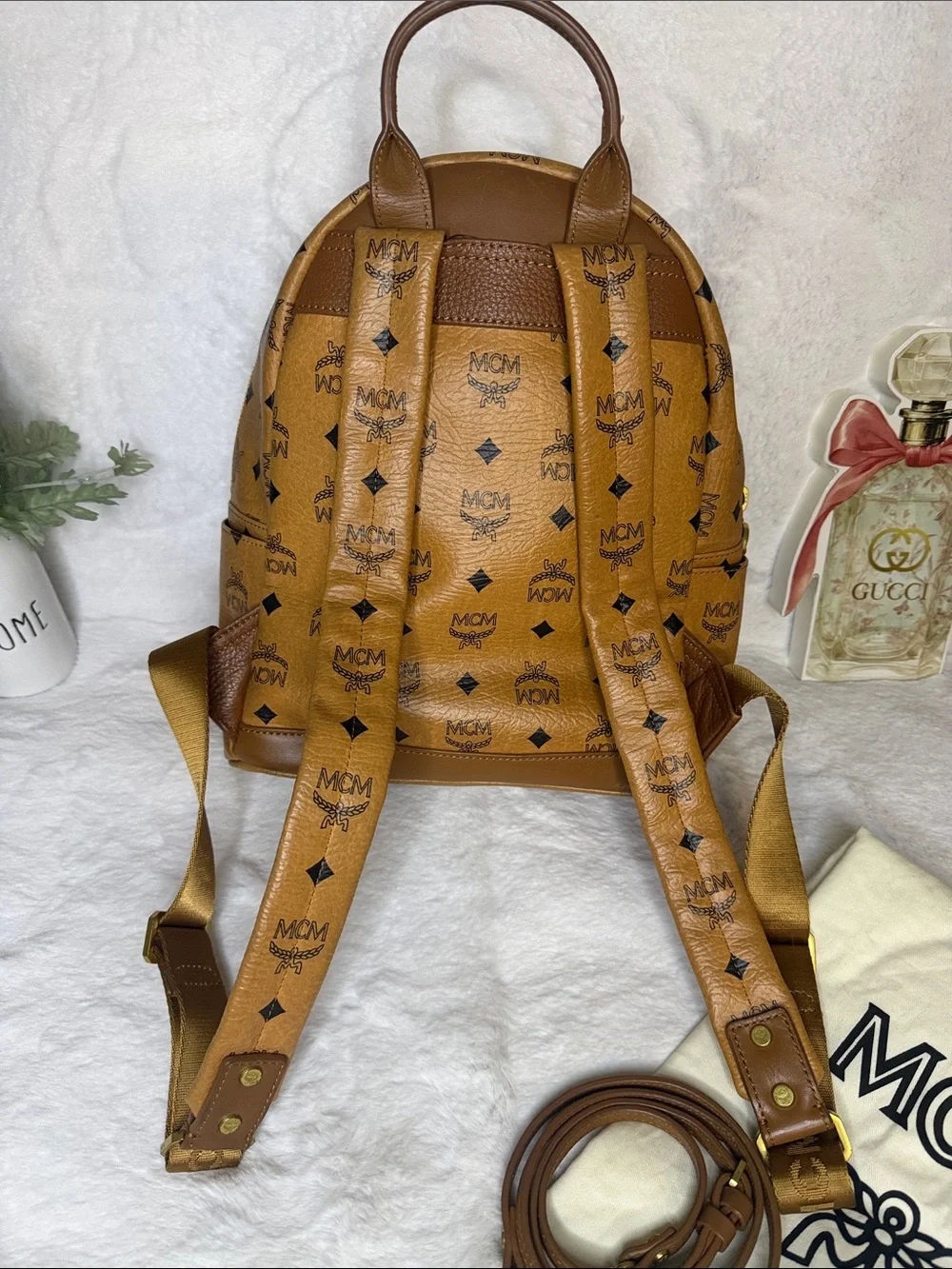 MCM Cognac Visetos Monogram Studded 2- Way Backpack Removable Pouch and Strap